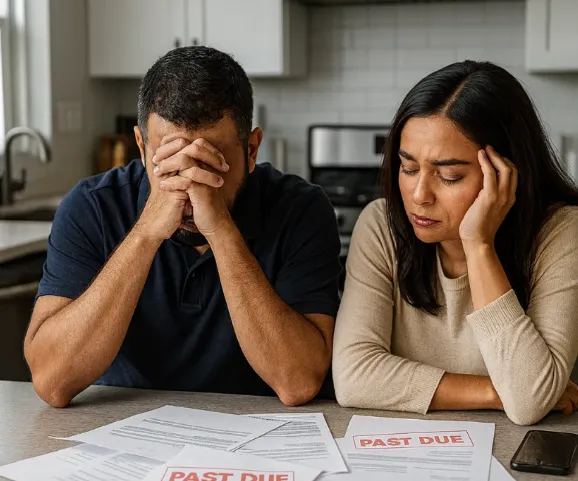 Homeowners reviewing property bills together at their kitchen table